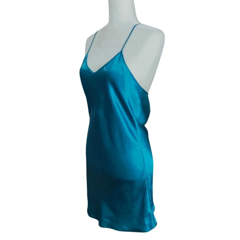 Vintage Victoria's Secret Gold Label Teal Blue Satin Slip Dress Small V-Neck 90s